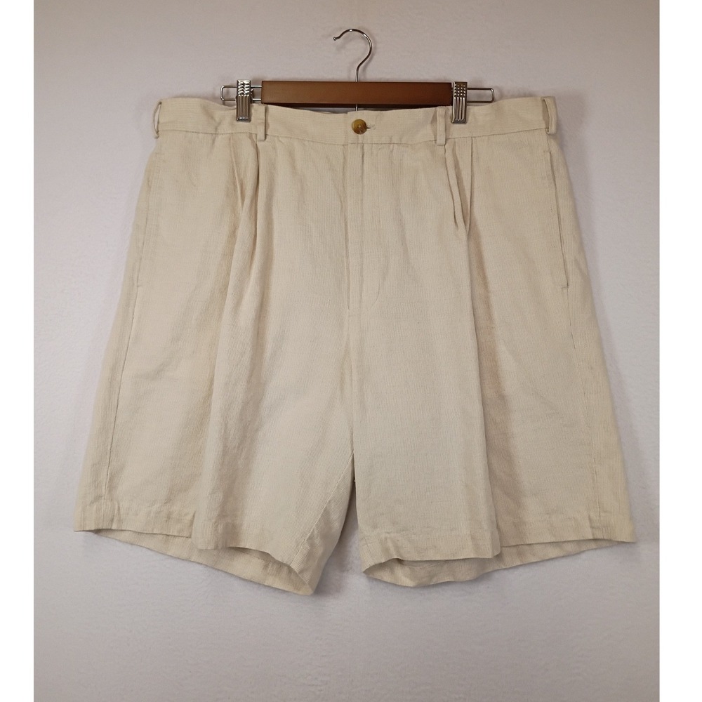 Coastal Preppy Van Heusen Mens 38 Cream Linen Cotton Pleated Summer Shorts